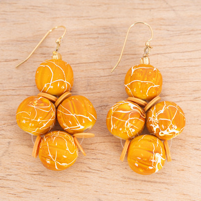 Recycled glass beaded dangle earrings, 'Sunny Triumph' - Painted Yellow Ivory Recycled Glass Beaded Dangle Earrings