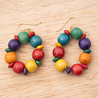 Wood beaded dangle earrings, 'Dreamy Colors' - Hoop-Shaped Wood Beaded Dangle Earrings in Vibrant Shades
