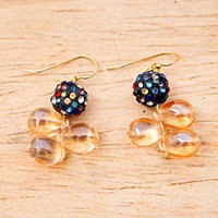Recycled glass beaded cluster earrings, 'Blue Sun Pearl' - Eco-Friendly Blue Cluster Earrings with Recycled Glass Beads