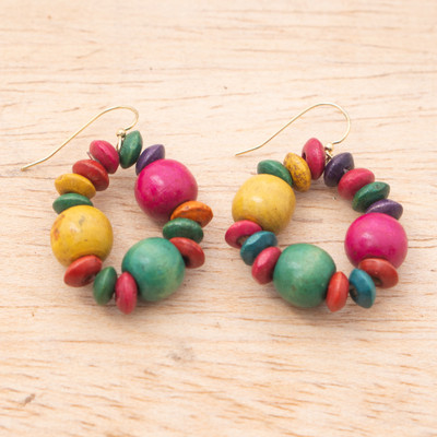 Wood beaded dangle earrings, 'Precious Colors' - Handcrafted Colorful Bohemian Wood Beaded Dangle Earrings