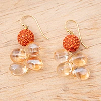 Recycled glass beaded cluster earrings, 'Orange Sun Pearl' - Eco-Friendly Red Cluster Earrings with Recycled Glass Beads