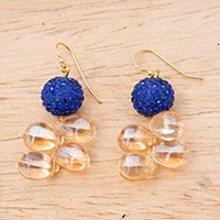 Recycled glass beaded cluster earrings, 'Royal Blue Sun Pearl' - Cluster Earrings with Recycled Glass Beads in Royal Blue Hue