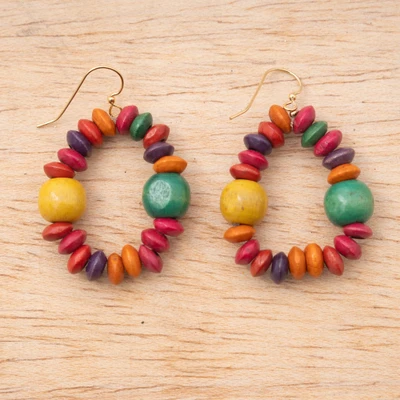 Wood beaded dangle earrings, 'Dazzling Colors' - Bohemian Wood Beaded Dangle Earrings with Brass Hooks