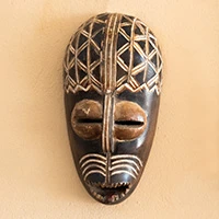 Wood African mask, 'Tribal Facet' - Traditional Sese Wood and Ceramic African Mask Made in Ghana