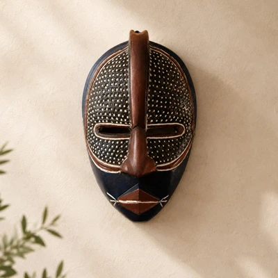 African wood wall mask, 'Warrior Spirit' - African Wood Wall Mask Carved and Painted by Hand in Ghana