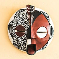 Wood African mask, 'The Bird of Happiness' - Artisan-Made Red Sese Wood and Ceramic Bird African Mask
