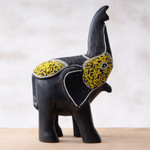 Wood and recycled glass beaded figurine, 'Trunk Held High' - Elephant with Raised Trunk-Themed Wood Glass Beaded Figurine