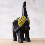 Wood and recycled glass beaded figurine, 'Trunk Held High' - Elephant with Raised Trunk-Themed Wood Glass Beaded Figurine