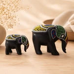 Wood and recycled glass beaded figurines, 'Elephant Mother and Calf' (pair) - Pair of Hand-Beaded Elephant Mother and Calf Wood Figurines