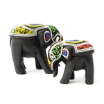 Wood and recycled glass beaded figurines, 'Elephant Mother and Calf' (pair) - Pair of Hand-Beaded Elephant Mother and Calf Wood Figurines