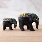 Wood and recycled glass beaded figurines, 'Elephant Mother and Calf' (pair) - Pair of Hand-Beaded Elephant Mother and Calf Wood Figurines