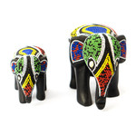 Wood and recycled glass beaded figurines, 'Elephant Mother and Calf' (pair) - Pair of Hand-Beaded Elephant Mother and Calf Wood Figurines