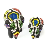 Wood and recycled glass beaded figurines, 'Elephant Mother and Calf' (pair) - Pair of Hand-Beaded Elephant Mother and Calf Wood Figurines