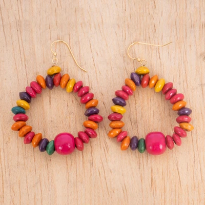 Wood beaded dangle earrings, 'Sweet Colors' - Hand-Painted Sese Wood Beaded Dangle Earrings from Ghana