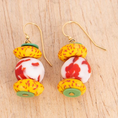 Recycled glass beaded dangle earrings, 'Shiny and Bright' - Yellow White Red and Green Recycled Glass Beaded Earrings