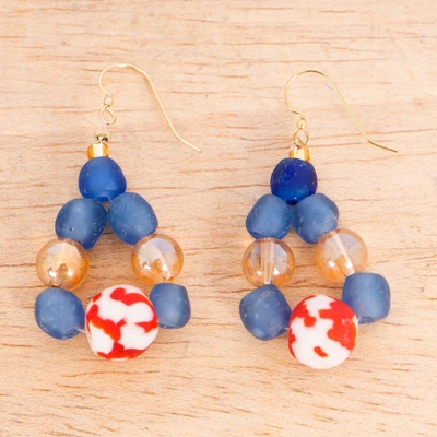 Glass beaded dangle earrings, 'Aquatic Spell' - Blue and Red Glass Beaded Dangle Earrings with Brass Hooks