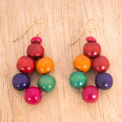 Wood beaded dangle earrings, 'Shades of Joy' - Multicolor Hand-Painted Sese Wood Beaded Dangle Earrings