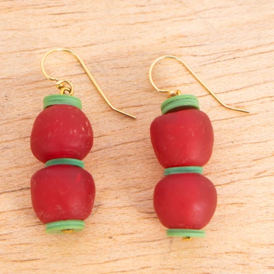 Recycled glass beaded dangle earrings, 'Apple Appeal' - Apple-Inspired Red and Green Recycled Glass Beaded Earrings