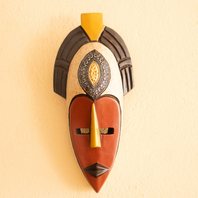 Brass and aluminum embossed African wood wall mask, 'Ashanti Princess II' - African Ashanti Wood Wall Mask with Brass Aluminum Accents