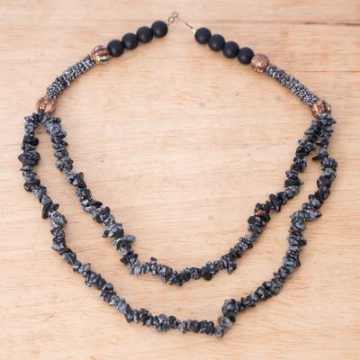 Obsidian and onyx beaded strand necklace, 'Moonlit Drops' - Snowflake Obsidian and Black Onyx Beaded Two-Strand Necklace