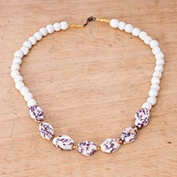 Recycled glass beaded pendant necklace, 'Sublime Purity' - Hand-Painted Recycled Glass Beaded Pendant Necklace