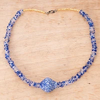 Recycled glass beaded long pendant necklace, 'Cobalt Dream' - Blue and White Recycled Glass Beaded Long Pendant Necklace