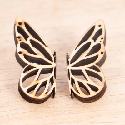 Bamboo drop earrings, 'Butterfly Frill' - Butterfly Wing-Themed Openwork Darkened Bamboo Drop Earrings