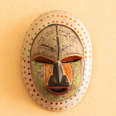 African wood wall mask, 'Dwenwoho Aura' - African Wood Aluminum Wall Mask with Colorful Polka Dots