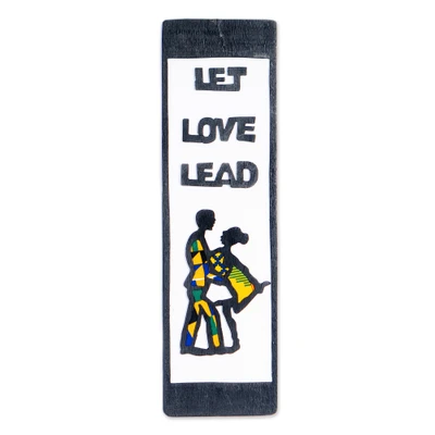 Mixed media wall art, 'Love Leads' - Wood Upcycled Kente Cotton Vinyl Wall Art of Dancing Couple