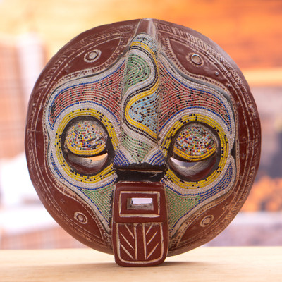 African beaded wood wall mask, 'Enye Rangi' - Eco-Friendly Recycled Glass Beaded Wood African Wall Mask