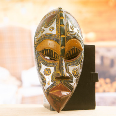 African wood wall mask, 'Kinga ya Upendo' - Ghanaian Wood Wall Mask with Embossed Aluminum Accents