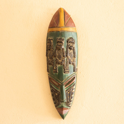 Wood African mask, 'Wise Ancestors' - Handcrafted Folk Art Green Sese Wood African Mask from Ghana
