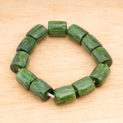 Recycled glass beaded bracelet, 'My Lucky Green' - Avant-Garde Green Recycled Glass Beaded Stretch Bracelet