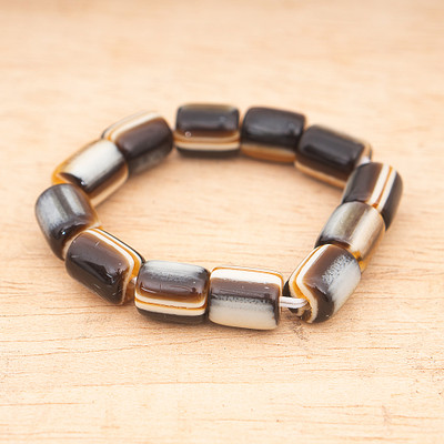 Recycled glass beaded bracelet, 'Love & Coffee' - Handmade Eco-Friendly Beaded Bracelet with Coffee Palette