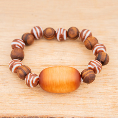 Recycled glass and wood beaded bracelet, 'Belle Glow' - Wood and Recycled Glass Beaded Bracelet in Brown and White