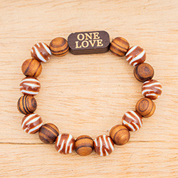 Wood beaded stretch pendant bracelet, 'My One Love' - Love-Themed Eco-Friendly Wood Beaded Stretch Bracelet