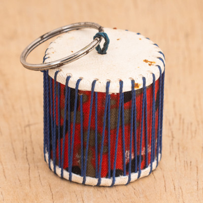 Leather-accented cotton keychain, 'Carry the Rhythm' - African Drum-Shaped Leather-Accented Kente Cotton Keychain