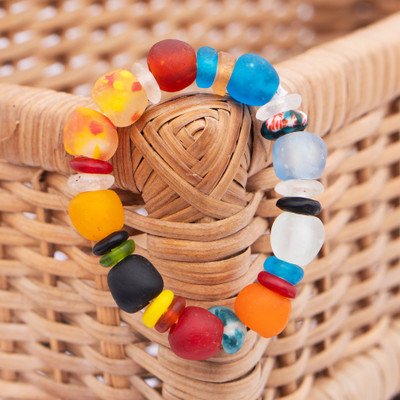 Recycled glass beaded stretch bracelet, 'Color Me Happy' - Eco-Friendly Colorful Recycled Glass Beaded Stretch Bracelet
