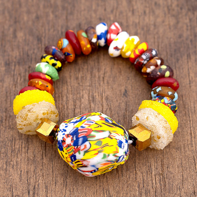 Recycled glass beaded stretch pendant bracelet, 'Regal Elegance' - Colorful Recycled Glass Beaded Stretch Pendant Bracelet