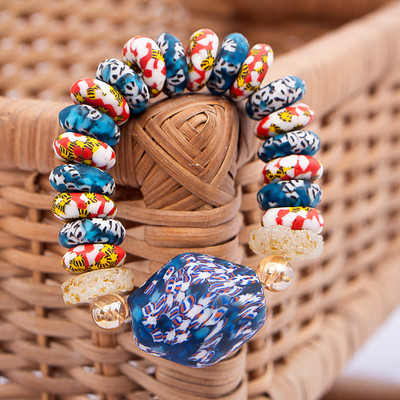 Recycled glass beaded pendant bracelet, 'Chic in Blue' - Handmade Recycled Glass Pendant Bracelet in Blue and Red