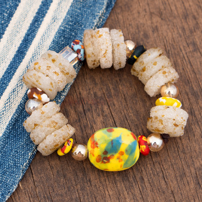 Recycled glass beaded stretch pendant bracelet, 'Desert Glow' - Stretch Pendant Bracelet with Textured Recycled Glass Beads