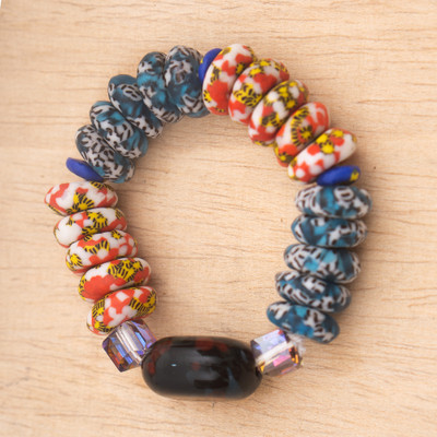 Recycled glass beaded pendant bracelet, 'Marine Core' - Blue and Red-Palette Recycled Glass Beaded Pendant Bracelet