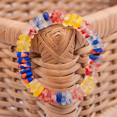 Recycled glass beaded stretch bracelet, 'Cheerful Charm' - Colorful Recycled Glass Beaded Stretch Bracelet from Ghana