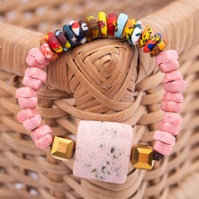 Recycled glass beaded stretch pendant bracelet, 'Earth Treasure' - Recycled Glass Beaded Stretch Pendant Bracelet in Pink Hues