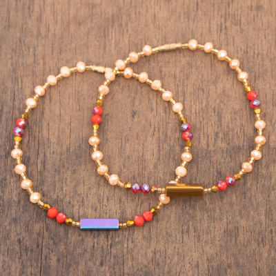 Glass beaded anklets, 'Romantic Luxe' (pair) - Golden and Red 2-Piece Glass and Crystal Beaded Anklet Set