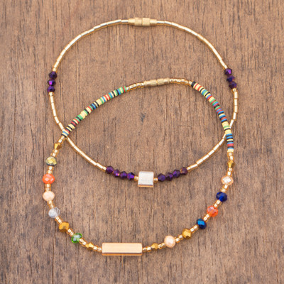 Recycled glass beaded anklets, 'Step into Love' (pair) - Pair of Handcrafted Bohemian Recycled Glass Beaded Anklets