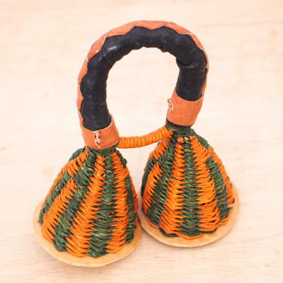 Leather-accented rattan caxixi shaker, 'Double the Rhythm' - Rattan Fiber and Leather Caxixi Shaker with Double Chamber