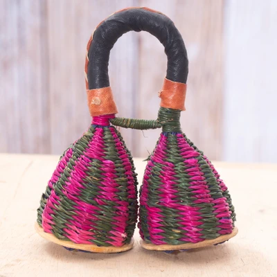 Leather-accented rattan caxixi shaker, 'Double the Tempo' - Rattan Fiber Leather Double-Chamber African Caxixi Shaker
