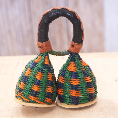 Leather-accented rattan caxixi shaker, 'Double the Beat' - Double-Chamber Handwoven Rattan Fiber Leather Caxixi Shaker
