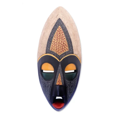 African wood wall mask, 'Grand Dreams' - Folk Art-Inspired Aluminum and Sese Wood African Wall Mask